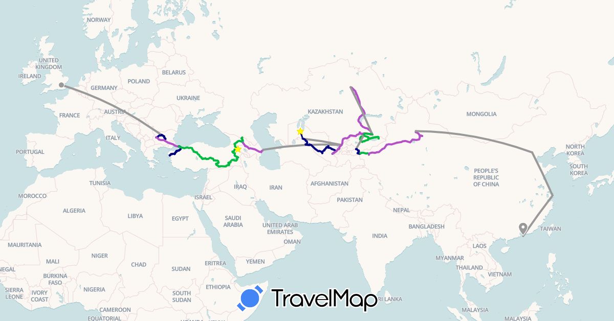 TravelMap itinerary: driving, bus, plane, train in Azerbaijan, Bulgaria, China, United Kingdom, Georgia, Hong Kong, Kyrgyzstan, Kazakhstan, Turkey, Uzbekistan (Asia, Europe)
